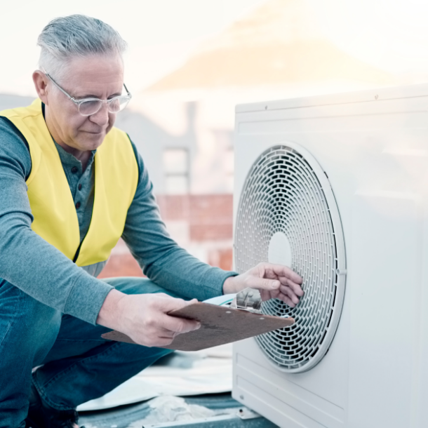 A manufacturing employee wearing a neon vest holding a clipboard monitors an HVAC system on a rooftop.