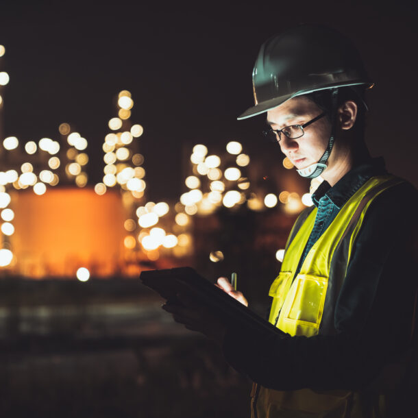 An employee wearing a yellow vest is looking at his clipboard, during a night shift.