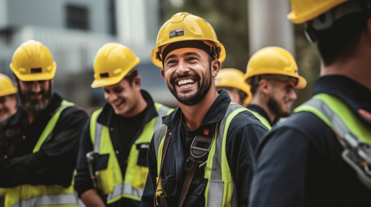 A man in a yellow vest and yellow hard hat is looking up and smiling with his co-workers.