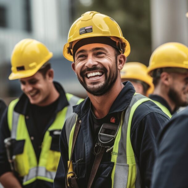 A man in a yellow vest and yellow hard hat is looking up and smiling with his co-workers.