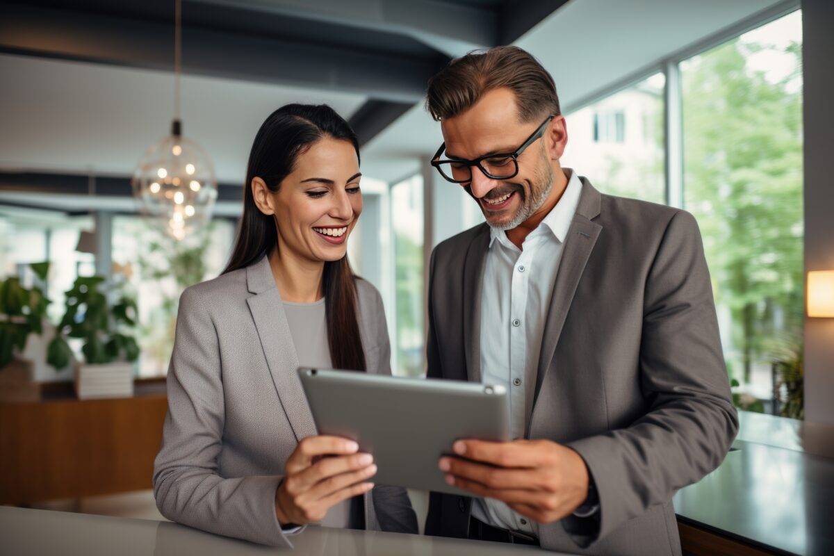 2 coworkers are looking at a tablet, smiling.