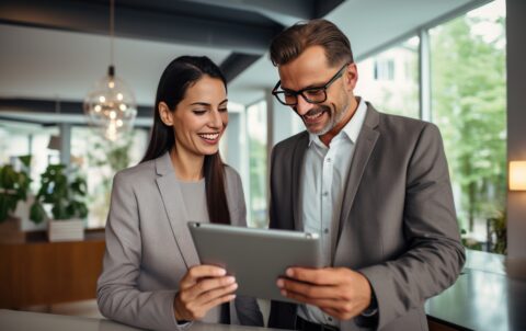 2 coworkers are looking at a tablet, smiling.
