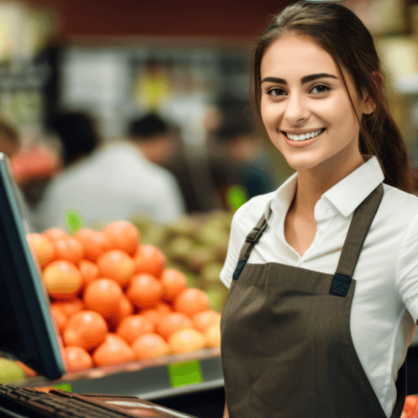 young woman working at the counter of grocery shop.