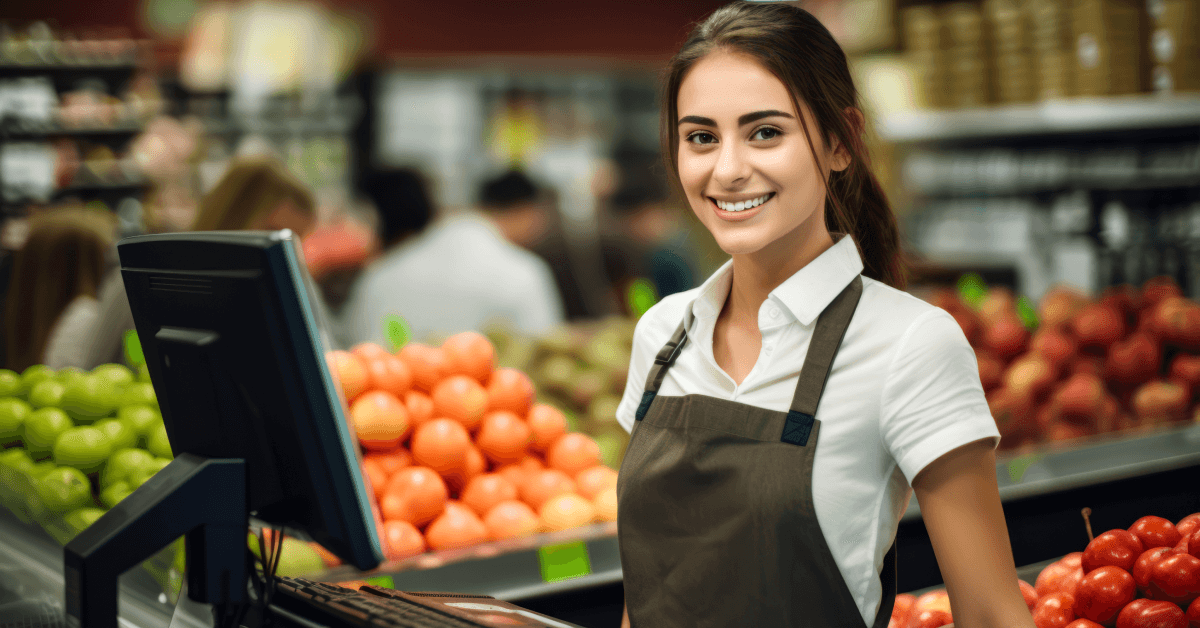 young woman working at the counter of grocery shop.