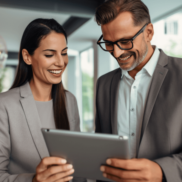 two happy employees looking at a tablet.