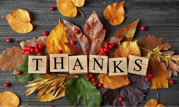 Letter blocks on autumn leaves that spell out 'Thanks'