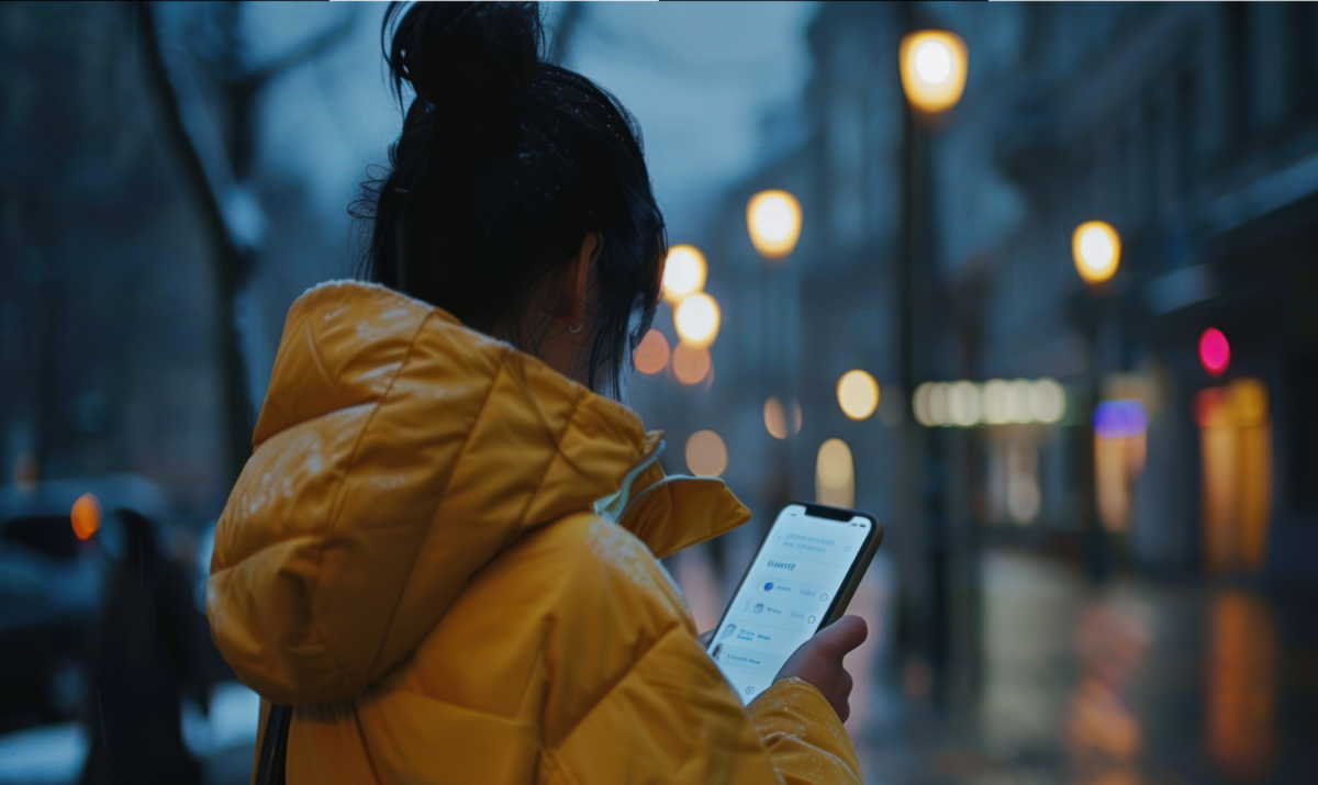 woman on a rainy street looking at her smart phone