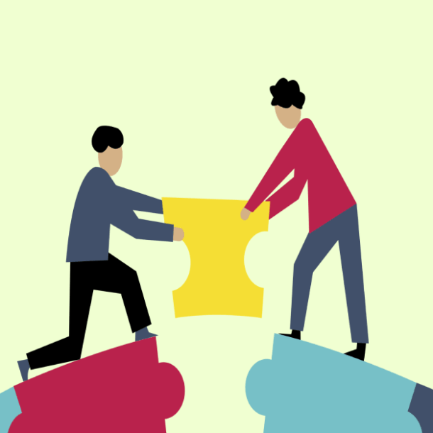 Animation of man and woman bridging the gap with a puzzle piece