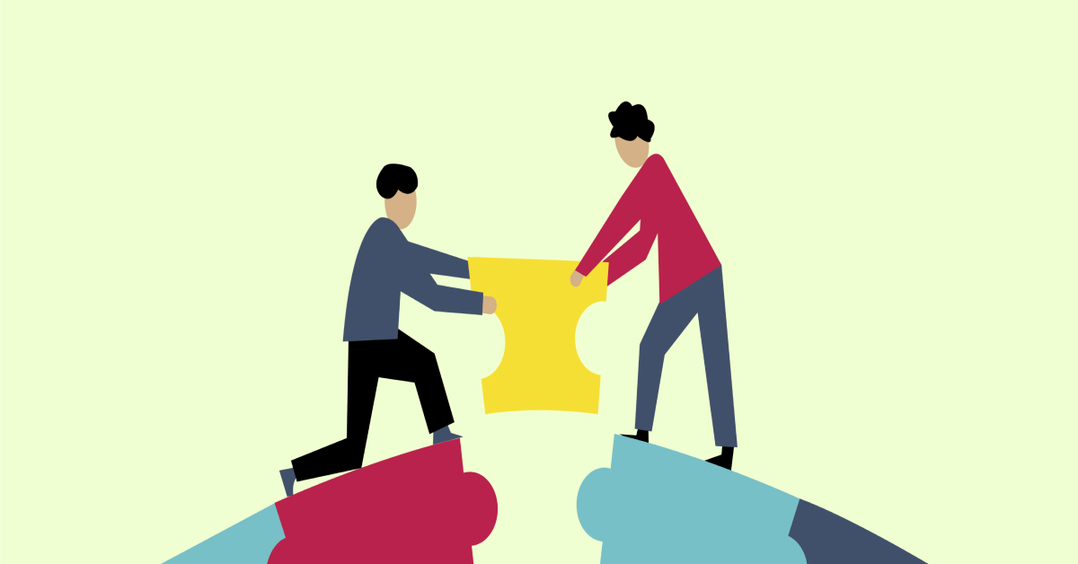 Animation of man and woman bridging the gap with a puzzle piece