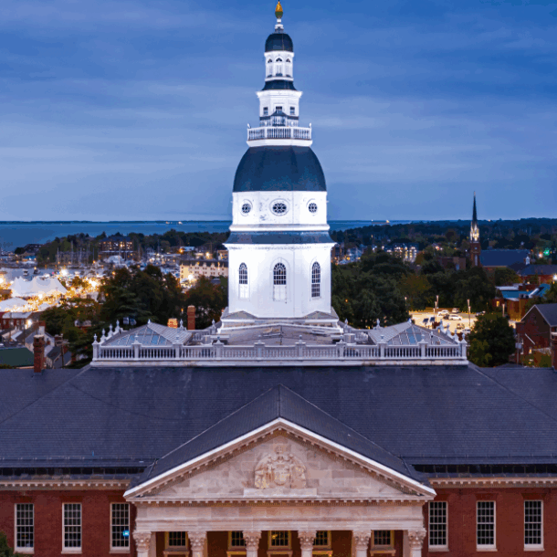 Maryland State House, in Annapolis, at dusk. The Maryland State House is the oldest U.S. state capitol in continuous legislative use, dating to 1772 and housing the Maryland General Assembly.