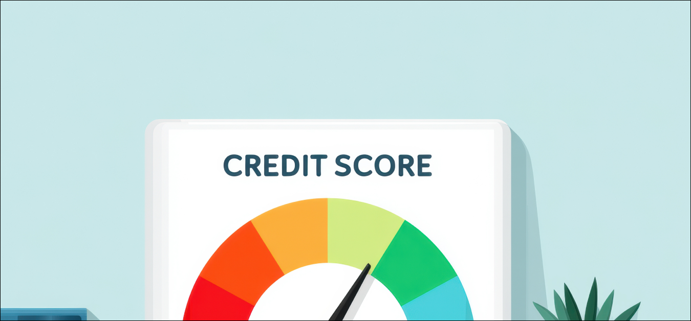 credit score gauge on a desk shows a mid-to-high rating, with books and a potted plant beside it.