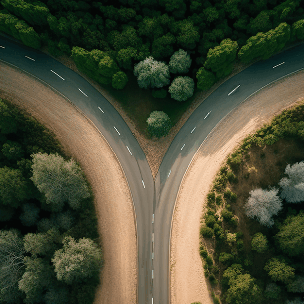 Ariel view of a fork in the road
