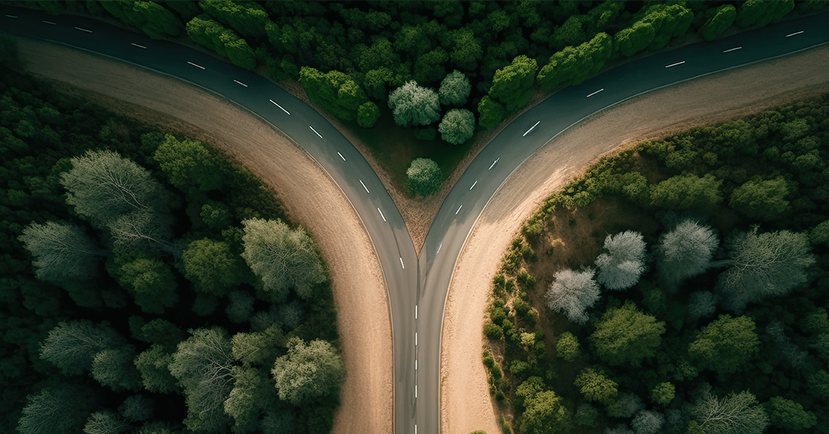 Ariel view of a fork in the road