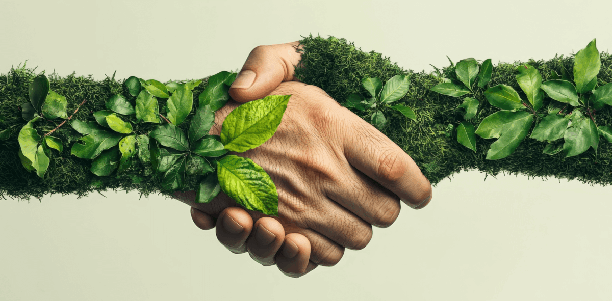 A close-up of a handshake between two hands covered in green moss and leaves symbolizing unity and commitment to environmental sustainability