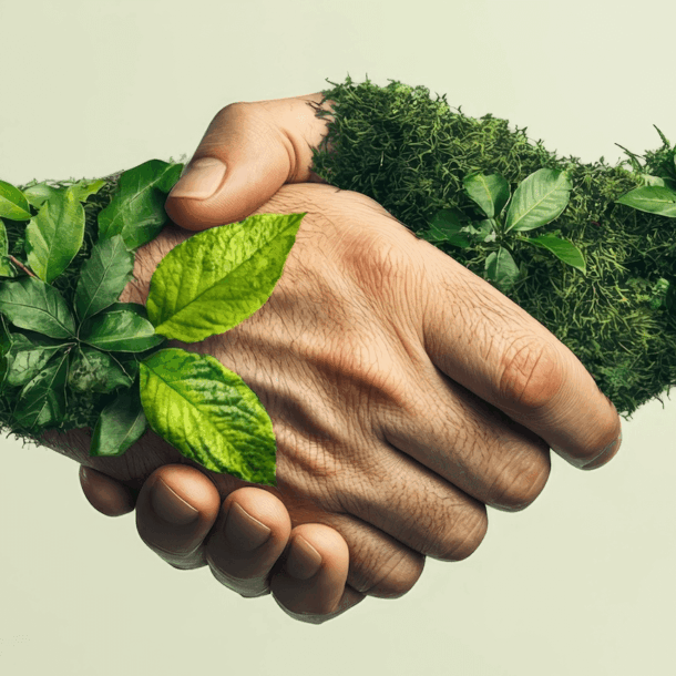 A close-up of a handshake between two hands covered in green moss and leaves symbolizing unity and commitment to environmental sustainability