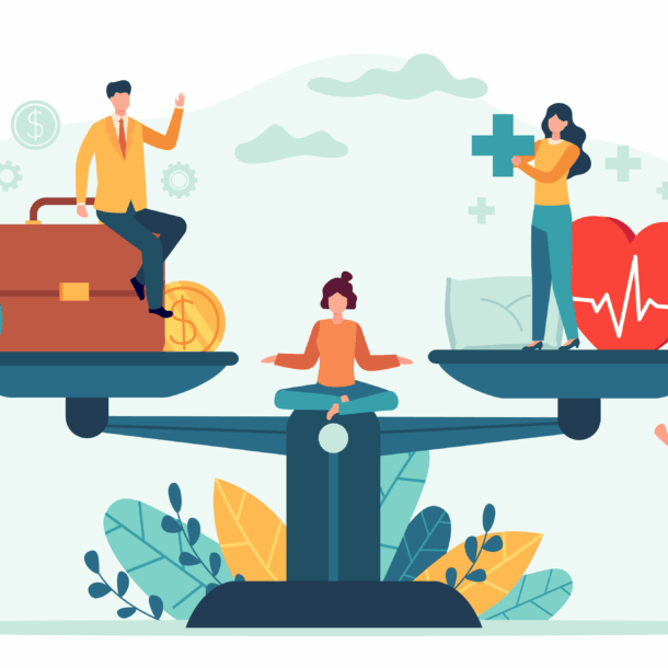 Health and work on scales. People balance job, money and sleep. Comparison business stress and healthy life. Tiny employees vector concept. Measurement equality health and work illustration