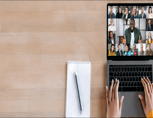 Online business briefing, virtual meeting. Panoramic photo of laptop screen with webcam shots of multi ethnic business partners communicates from home by a video conference, online webinar.