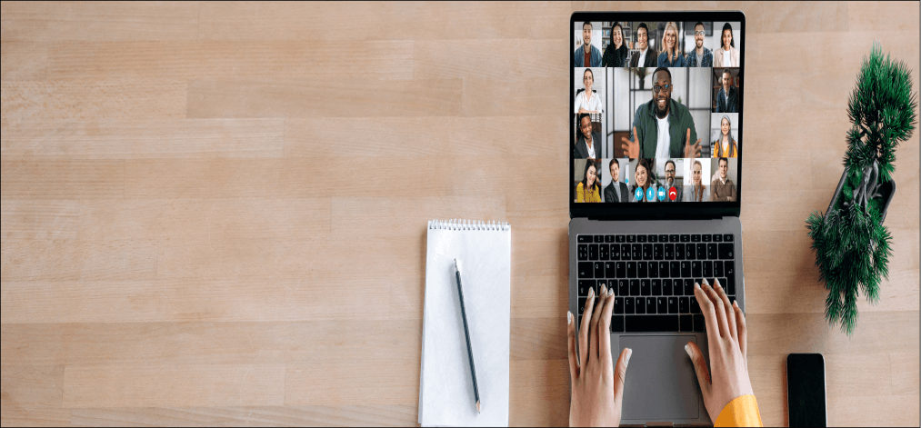 Online business briefing, virtual meeting. Panoramic photo of laptop screen with webcam shots of multi ethnic business partners communicates from home by a video conference, online webinar.