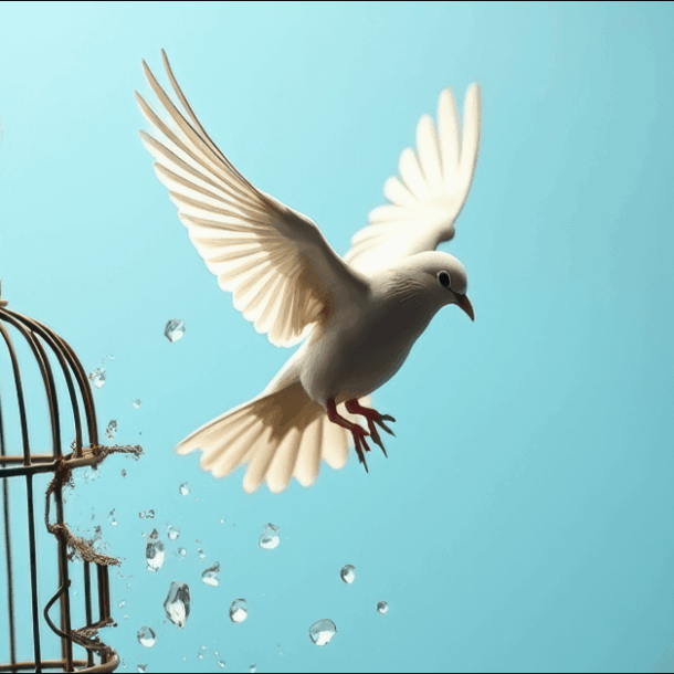 A white dove takes flight from a broken birdcage, symbolizing freedom and liberation.