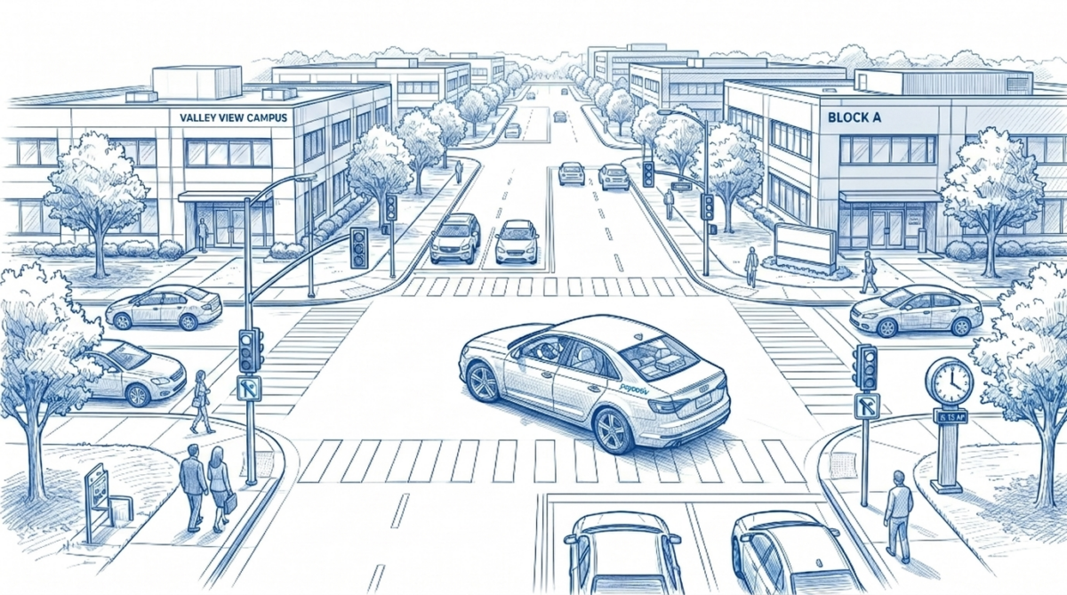 Is mileage reimbursement taxable? Car driving in office park.
