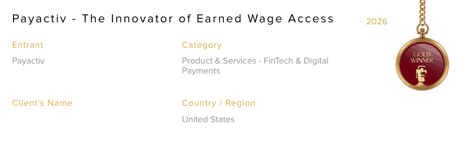 Payactiv Gold Winner Titan Award - Innovator of Earned Wage Access